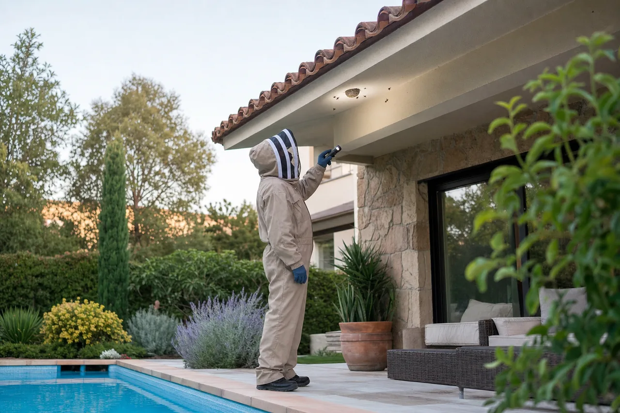 Técnico inspeccionando un nido de avispas junto a una piscina residencial