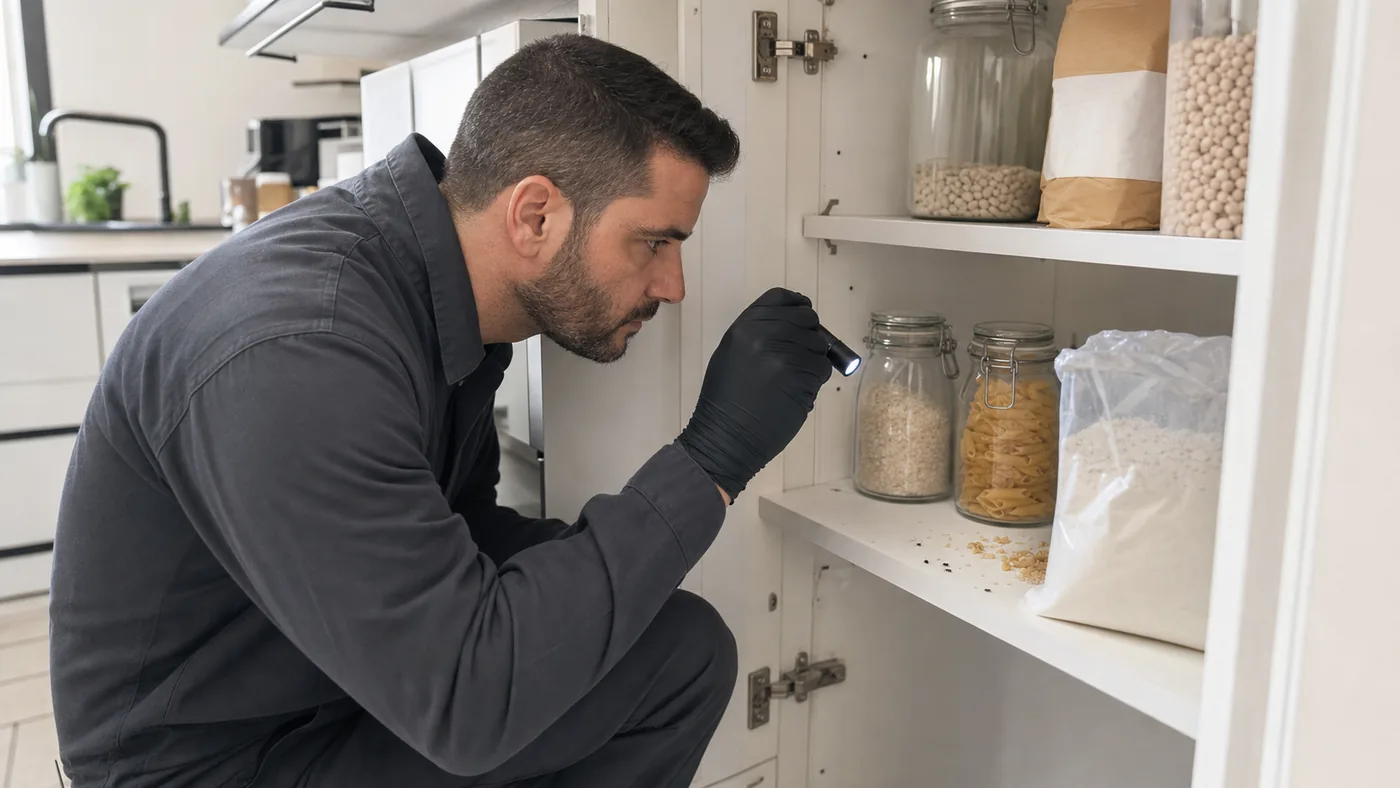 Técnico revisando alimentos secos por gorgojos en una despensa